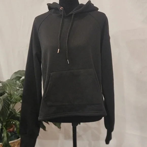 Bebe Sport Womens Black Rose Gold Sequin Logo Side Tape Hoodie Pullover Large - Picture 2 of 6